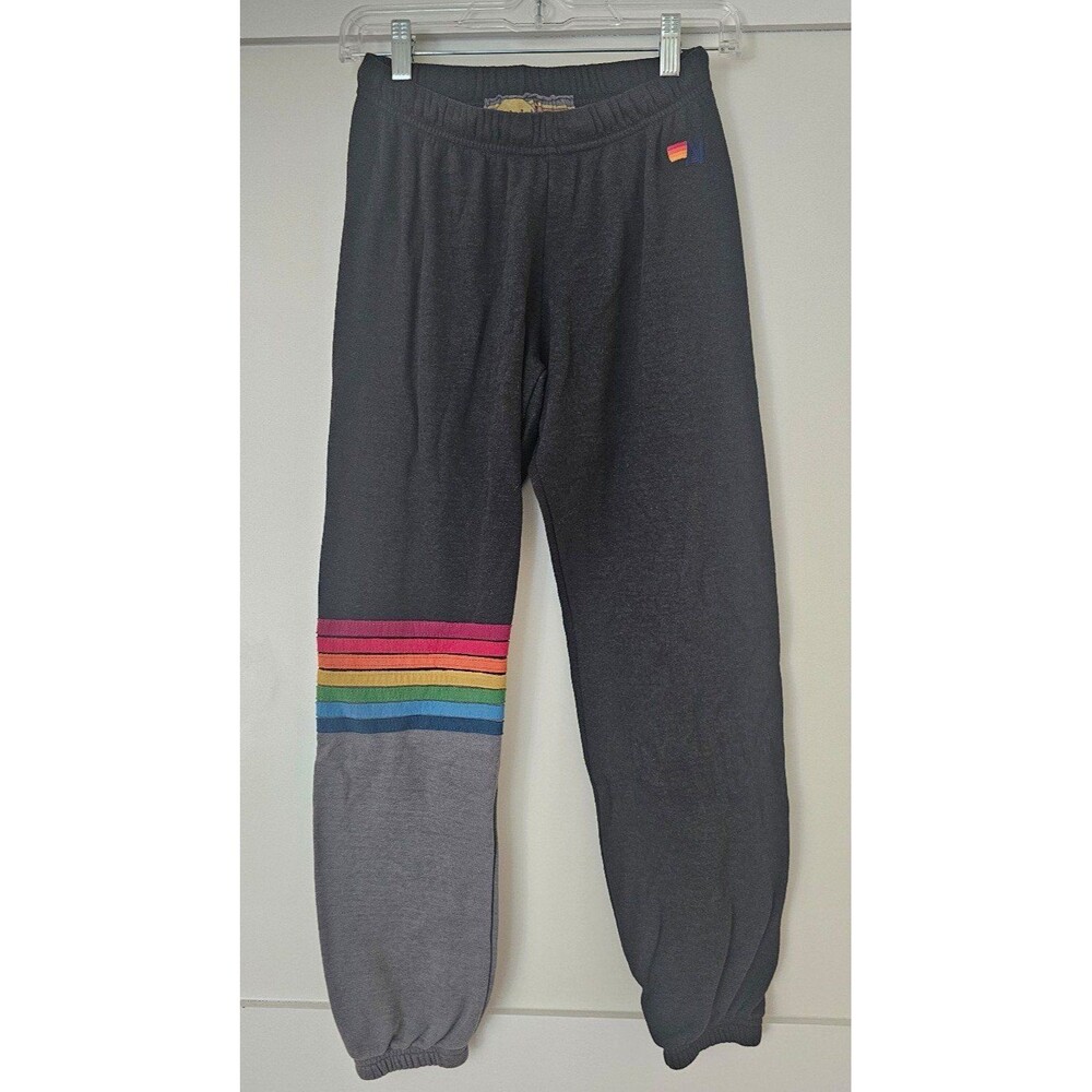 Aviator Nation 7 Stripe Rainbow Stitch Black Grey Two Toned Sweatpants XS